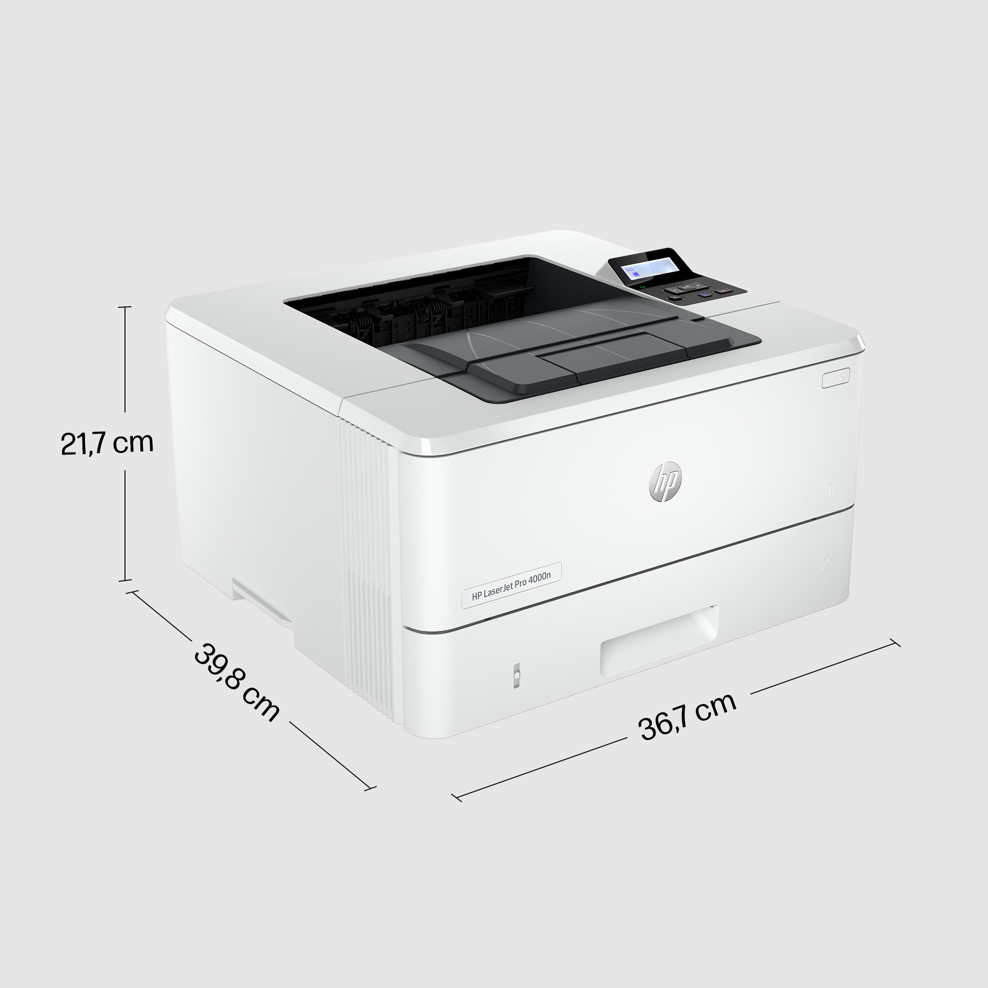 Imprimante blanche HP LaserJet Pro 4000n avec cotes de hauteur 21,7 cm, profondeur 39,8 cm et largeur 36,7 cm.