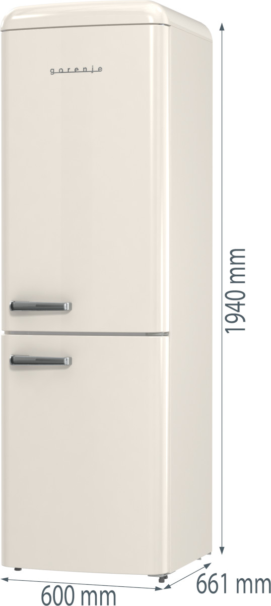 Kremowa lodówka Gorenje z wymiarami: 1940mm wysokości, 600mm szerokości, 661mm głębokości.