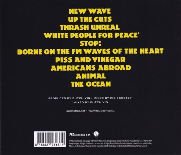 Schwarzes Albumcover mit gelbem Text, der Titelliste auflistet. Schwarzer Hintergrund.