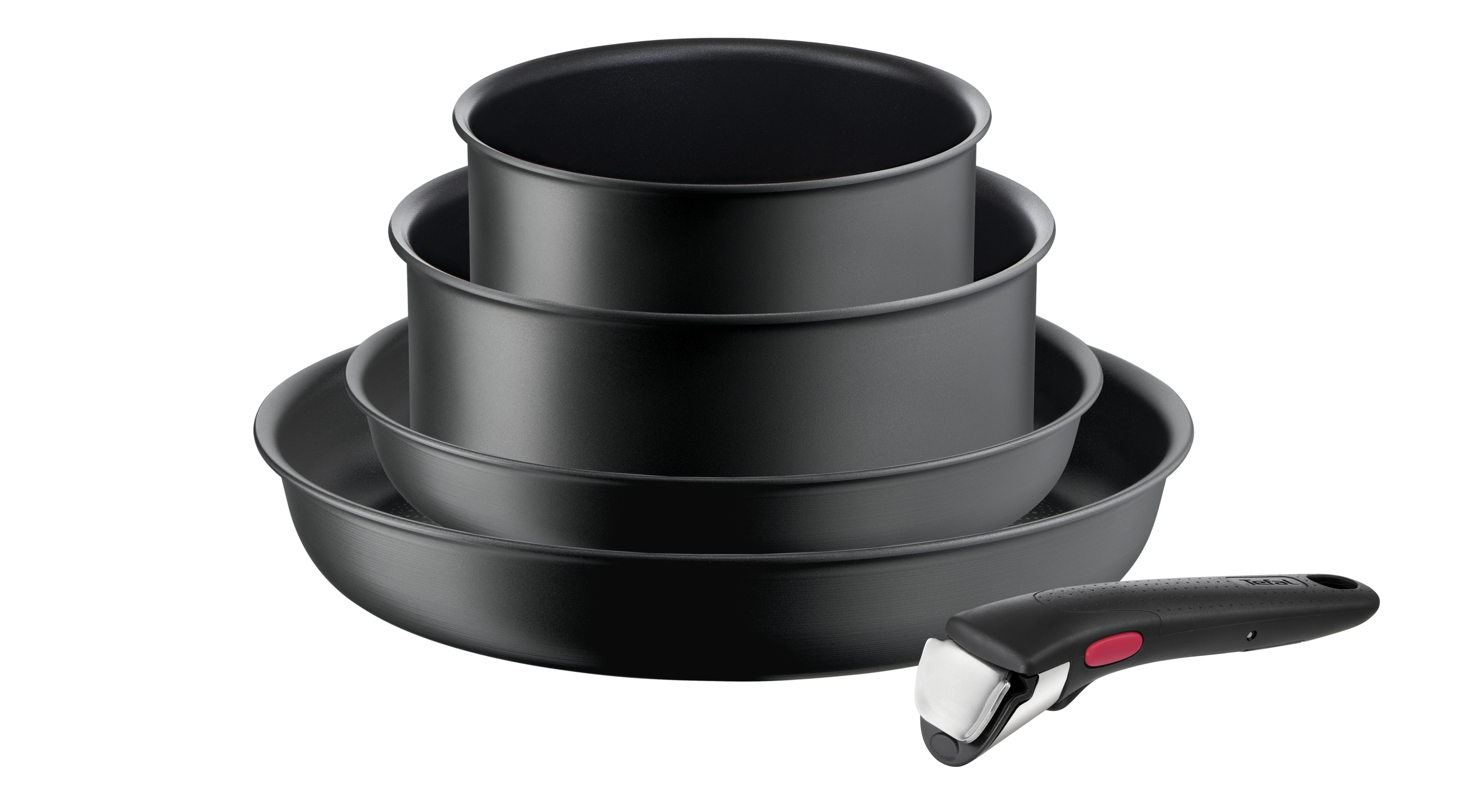 Set schwarzer Tefal-Pfannen gestapelt, ein abnehmbarer Griff befindet sich rechts. Die Pfannen stehen auf weißem Grund.