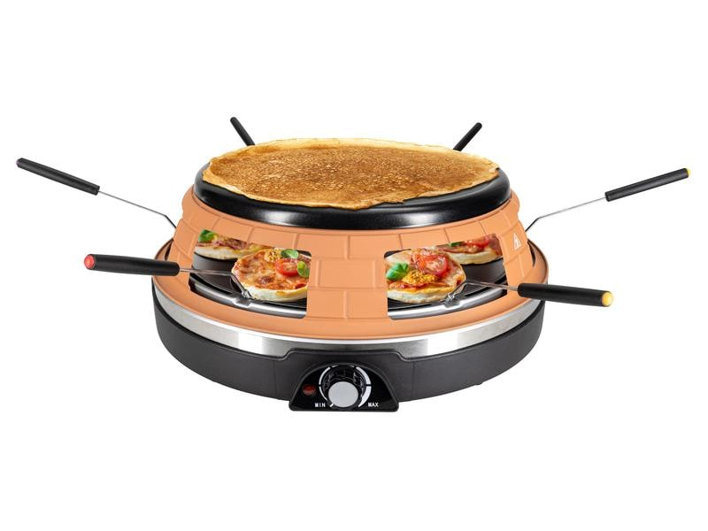 Ein elektrischer Raclette-Grill mit Crêpe oben und Mini-Pizzen unten. Enthält Griffe und einen Drehknopf. Der Grill befindet sich auf weißem Hintergrund.