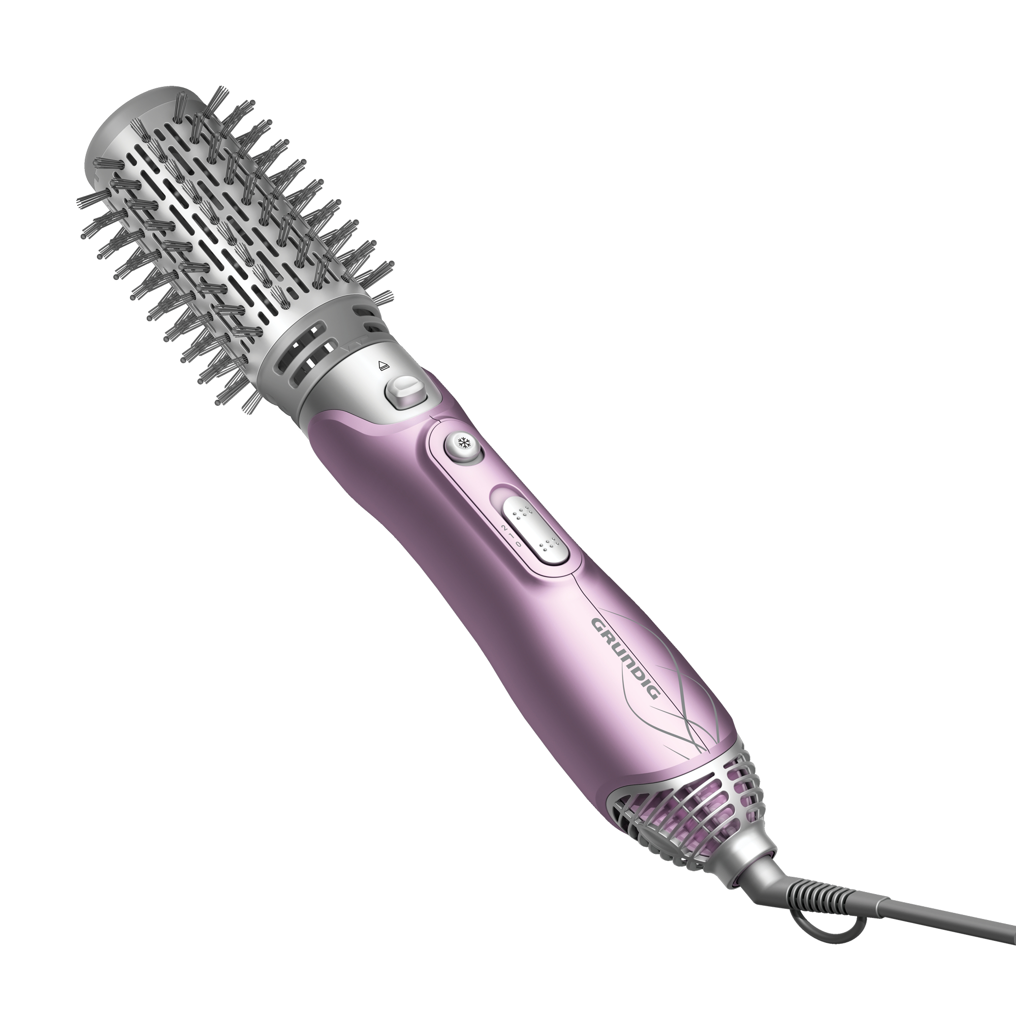 Pinke und silberne Haarstylingbürste. Sie hat einen runden Lauf, Borsten und ein Netzkabel.