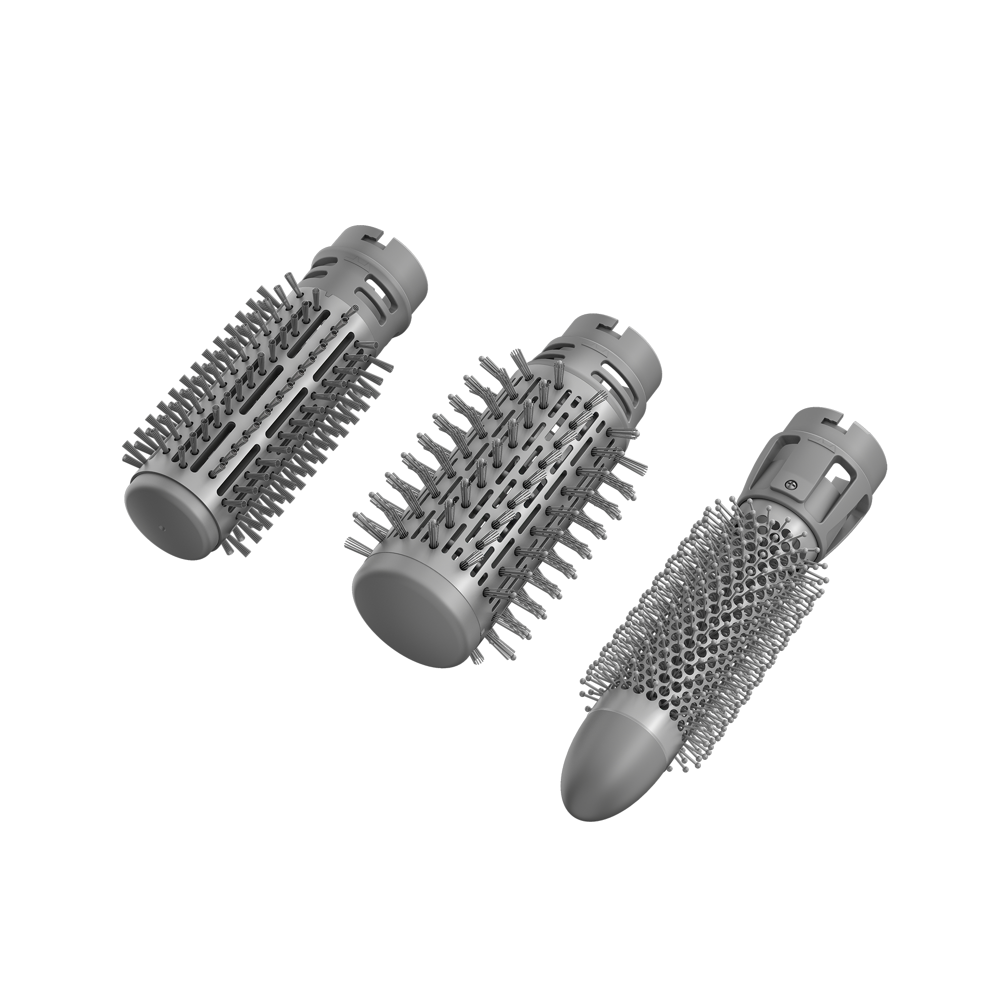 Drei graue Aufsätze für Haarstyling-Bürsten. Zylinderförmige Formen mit Borsten.