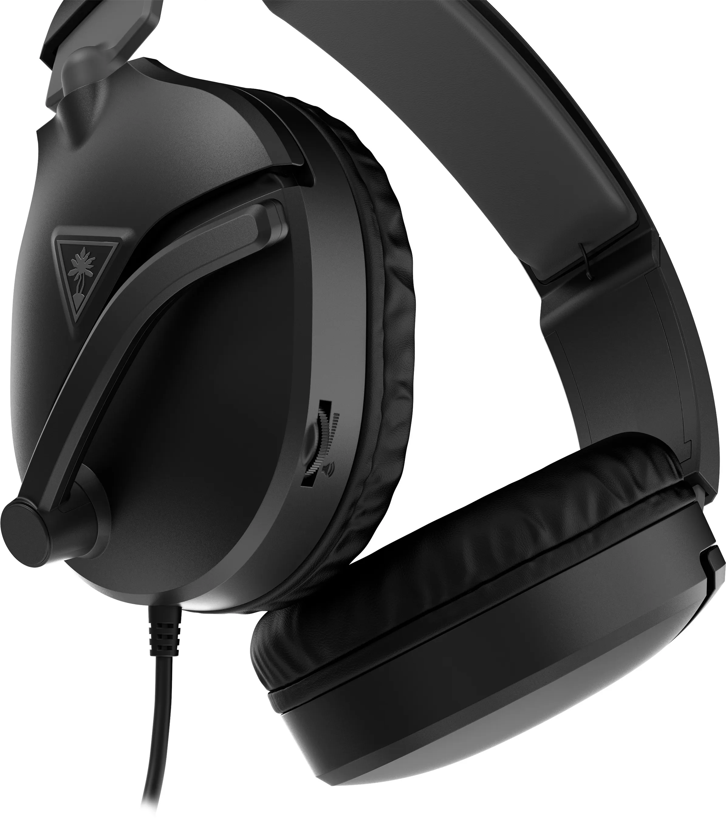 Cuffie da gioco nere con microfono e controllo del volume. Primo piano su sfondo bianco.
