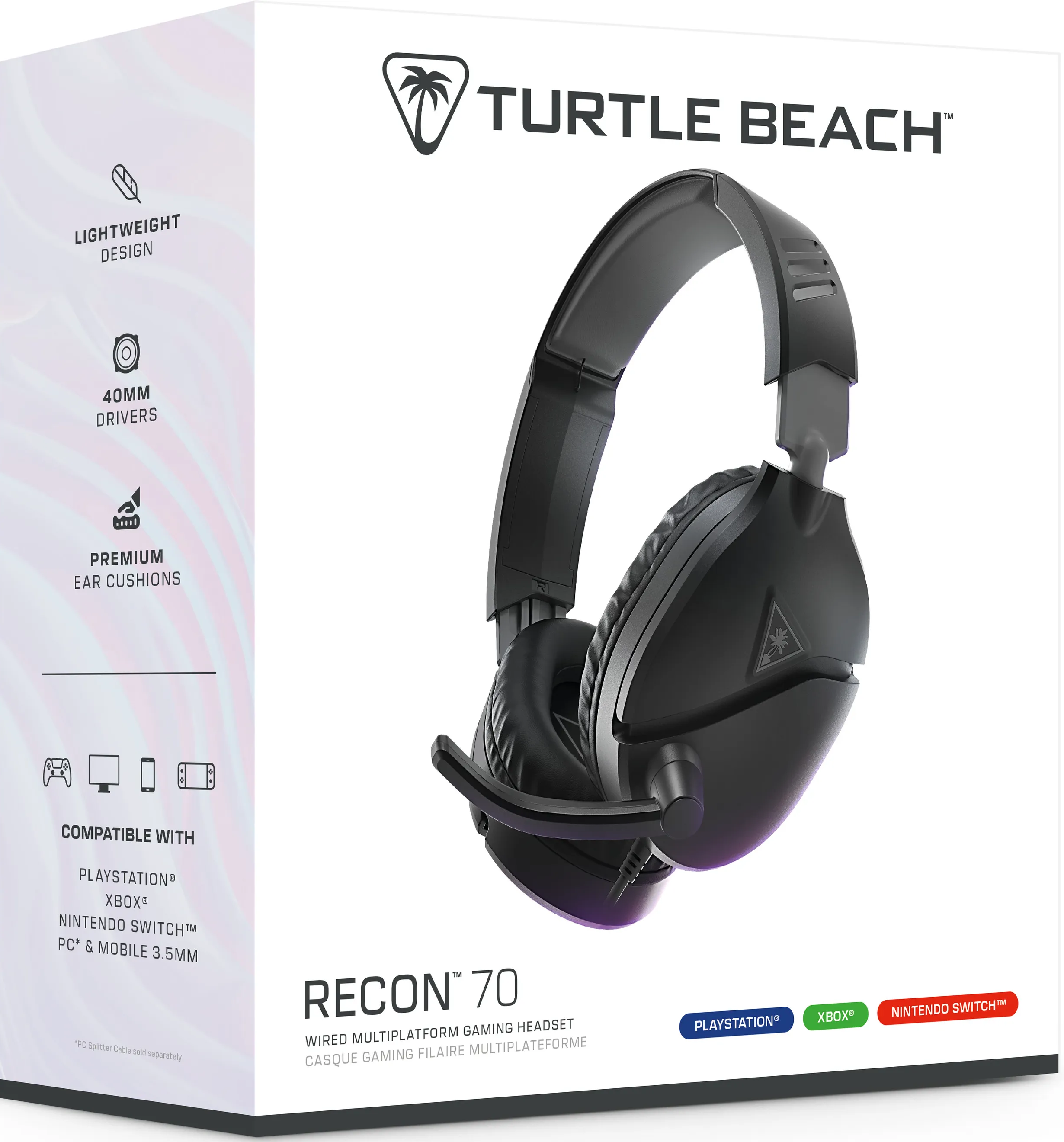 Una scatola per cuffie da gioco Turtle Beach Recon 70. Immagine delle cuffie nere con testo.
