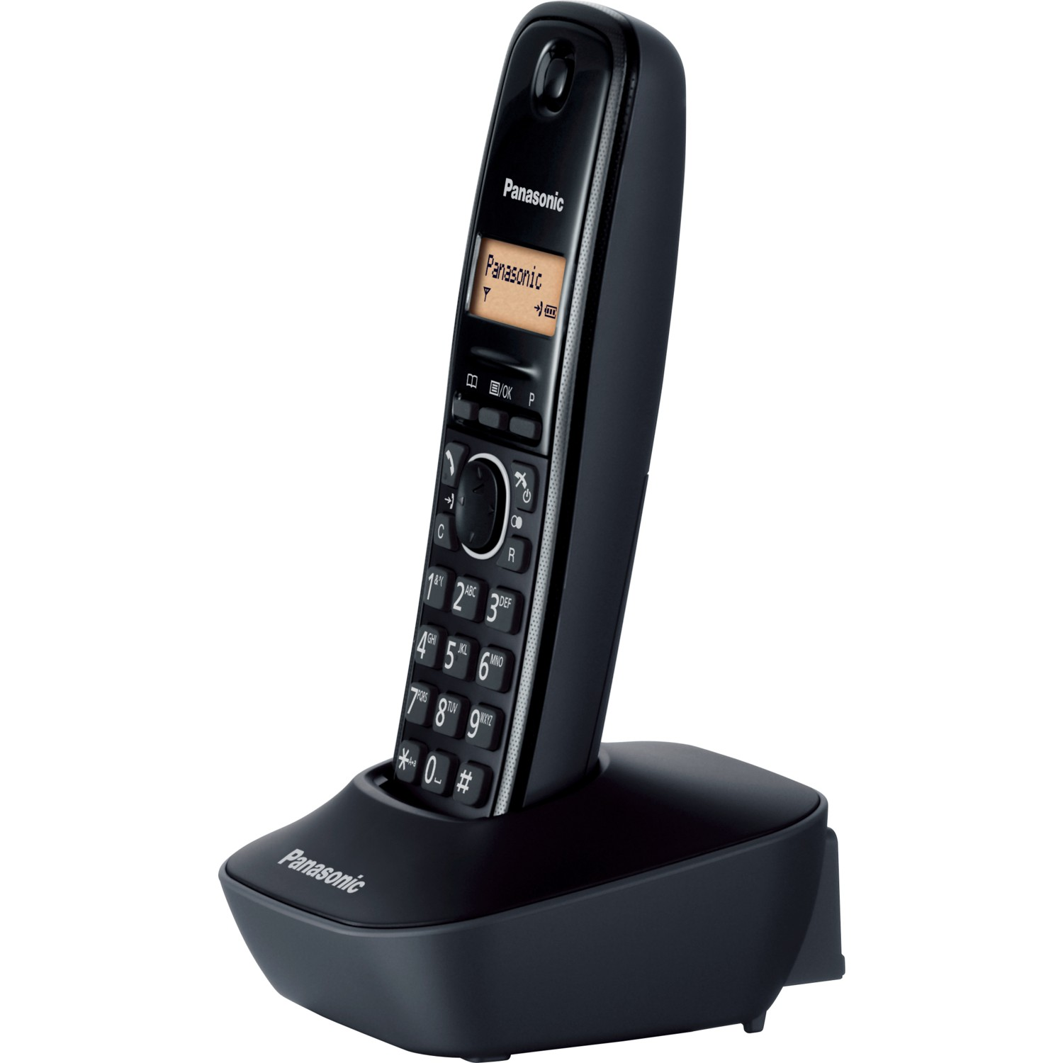 Siyah kablosuz telefon tabanında. Ekran bir telefon simgesi ve mesaj gösteriyor.