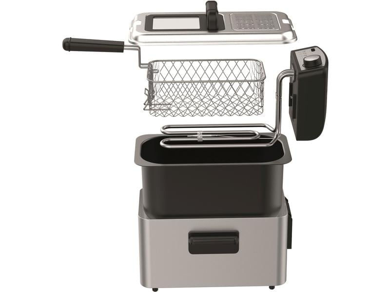 Vue éclatée d'une friteuse avec le panier, l'élément chauffant et le panneau de commande visibles.