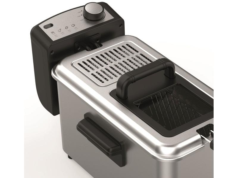 Vue de dessus d'une friteuse en acier inoxydable avec panneau de commande et poignée.