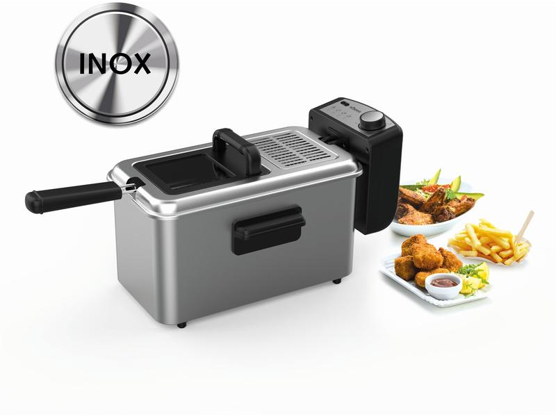 Friteuse argentée avec aliments, logo INOX et panneau de commande noir.
