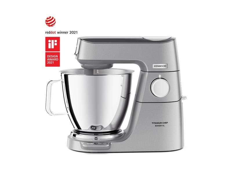 Un mélangeur de cuisine Kenwood argenté avec des prix de design. Grand bol présent.