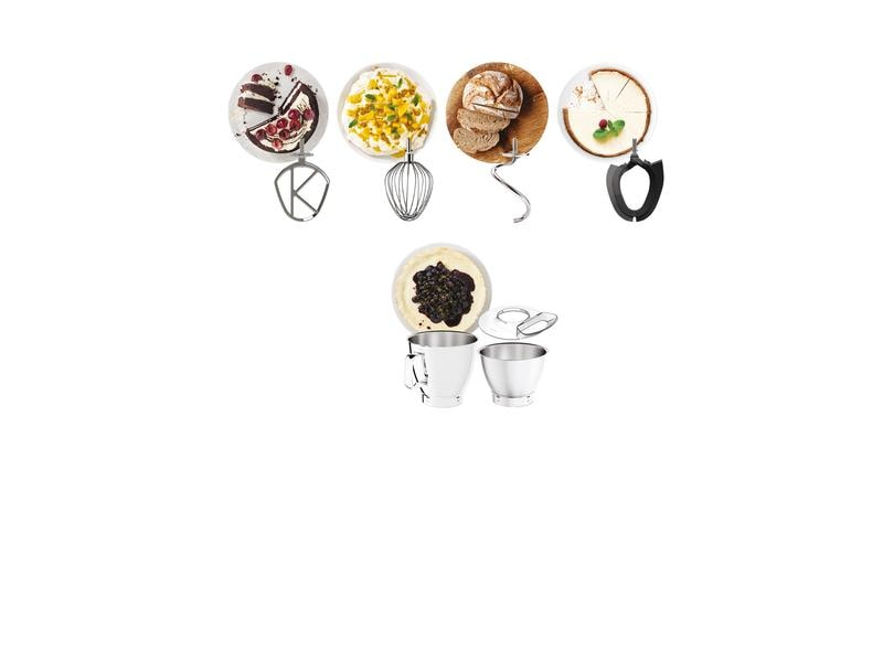 Pièces d'appareils de cuisine disposées sur une surface blanche. Comprend des accessoires et des bols. Vue de dessus.