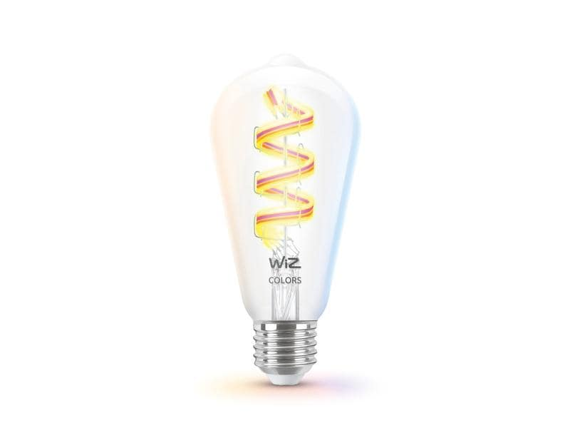 Eine Wiz Colors Glühbirne mit Spirale. Sie ist birnenförmig mit klarem Glas und silbernem Sockel.