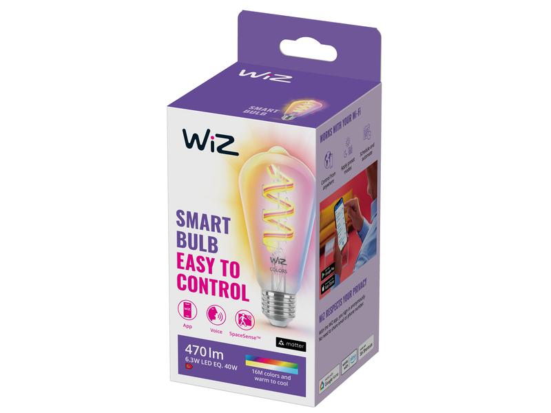 Intelligente Glühbirne in einer Box. Farbenfrohes Design auf der Glühbirne, Box zeigt App-Steuerungsfunktionen.