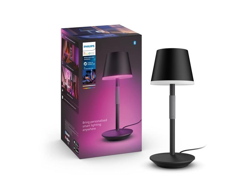 Box- und Lampenset. Schwarze Lampe mit rosa Licht, schwarze Box mit Lampenbild.