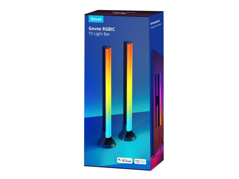Karton mit Govee RGBIC TV Light Bar. Zwei Lichtleisten mit Farbverläufen. Die Box zeigt Produkt und Funktionen.