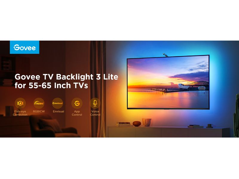 TV mit Hintergrundbeleuchtung. Text: Govee TV Backlight 3 Lite. Szene zeigt Sonnenuntergang über Brücke.