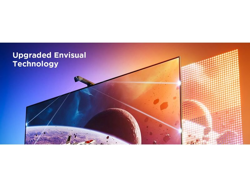 TV-Bildschirm mit Weltraumszene und Text 'Upgraded Envisual Technology'. Orange Lichteffekt.
