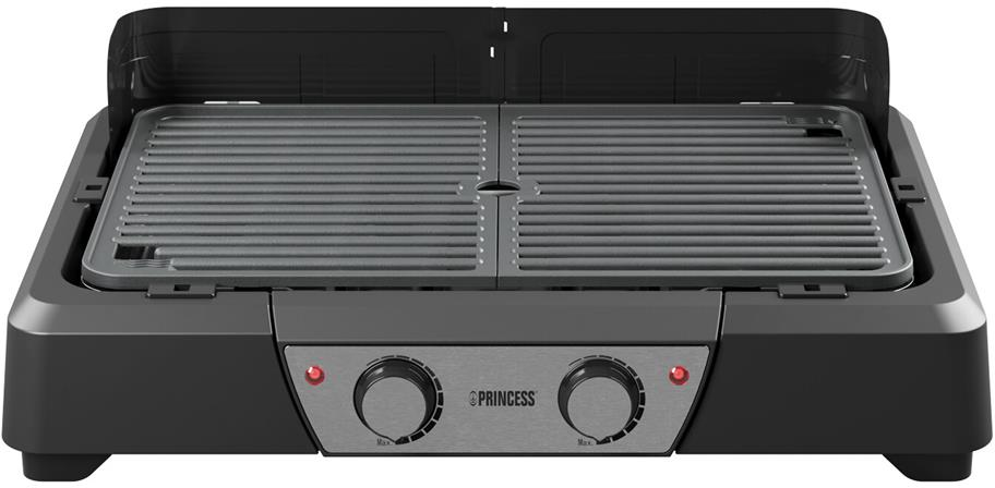 Un grill Princess avec un corps noir et un panneau de commande en acier inoxydable. Deux lumières rouges sont allumées.