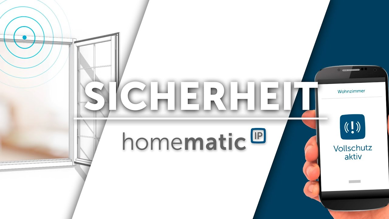 Smartphone mostra app Homematic IP accanto a una finestra, testo SICHERHEIT.