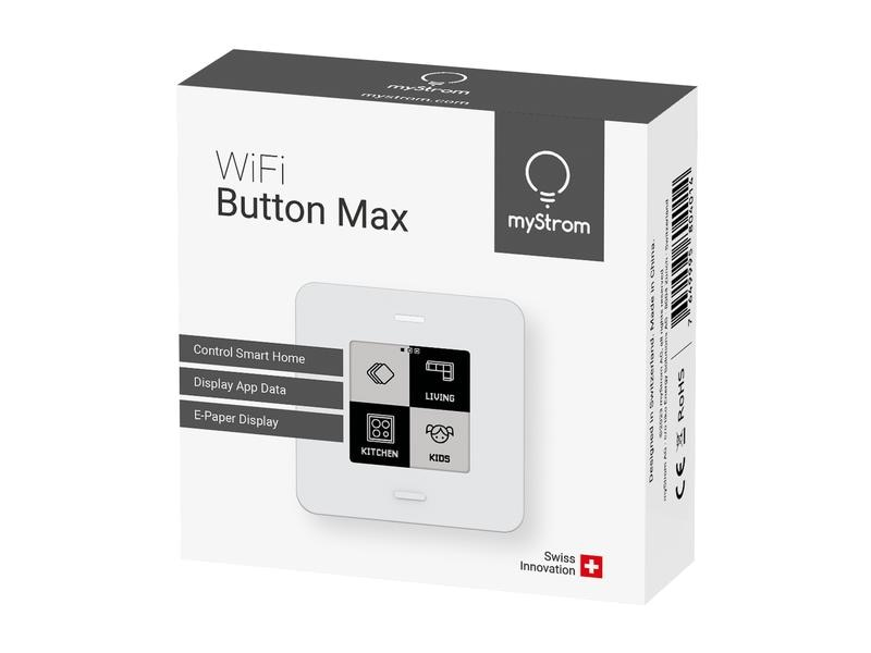 Confezione del myStrom WiFi Button Max con illustrazione del dispositivo e testo WiFi Button Max su sfondo bianco.