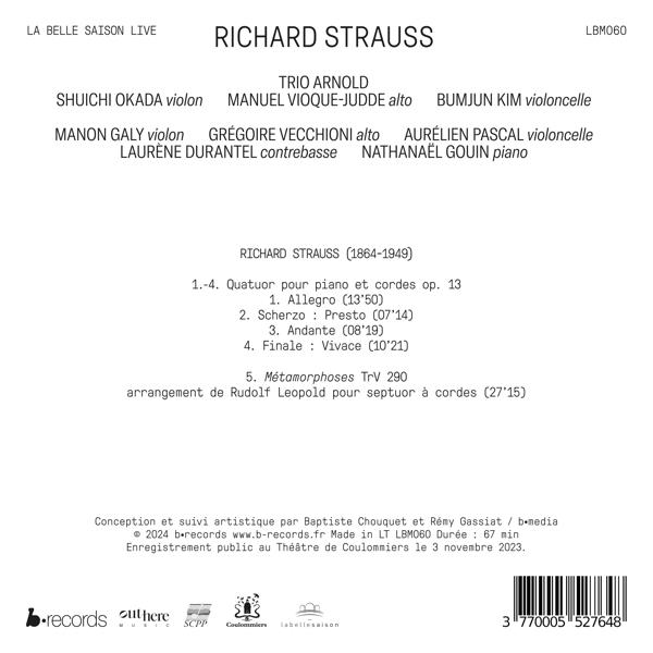 Ein Musikalbumcover mit Text über Richard Strauss und Musik. Das Cover ist weiß mit schwarzem Text.