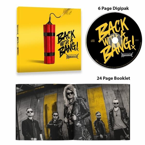 CD und ein Booklet mit Bandmitgliedern auf gelbem Hintergrund. Eine Dynamitstange ist auch abgebildet.