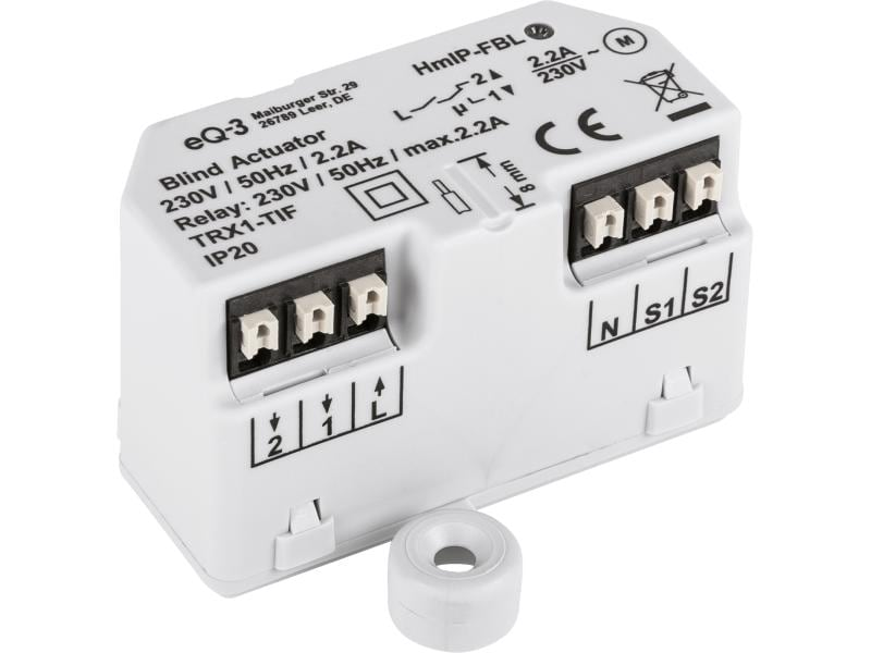 Weißer Homematic IP Blindaktor mit Schraubklemmen und technischer Aufschrift.