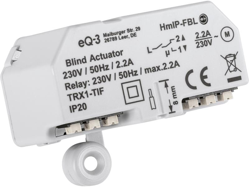 Weißer Homematic IP Blind Actuator mit technischen Daten und CE-Kennzeichnung.