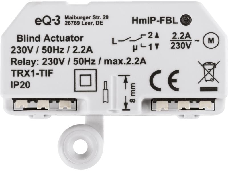 Weißer Homematic IP Rollladenaktor mit technischen Daten, Stromlaufplänen und CE-Zeichen auf der Vorderseite.
