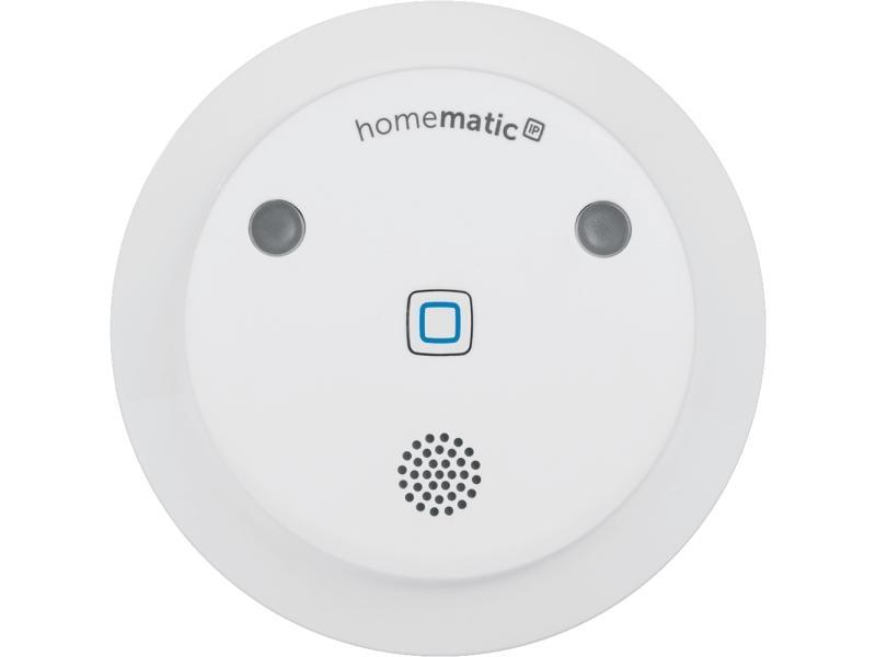 Détecteur de fumée rond blanc Homematic IP avec deux boutons gris, un carré bleu central et une grille de haut-parleur.