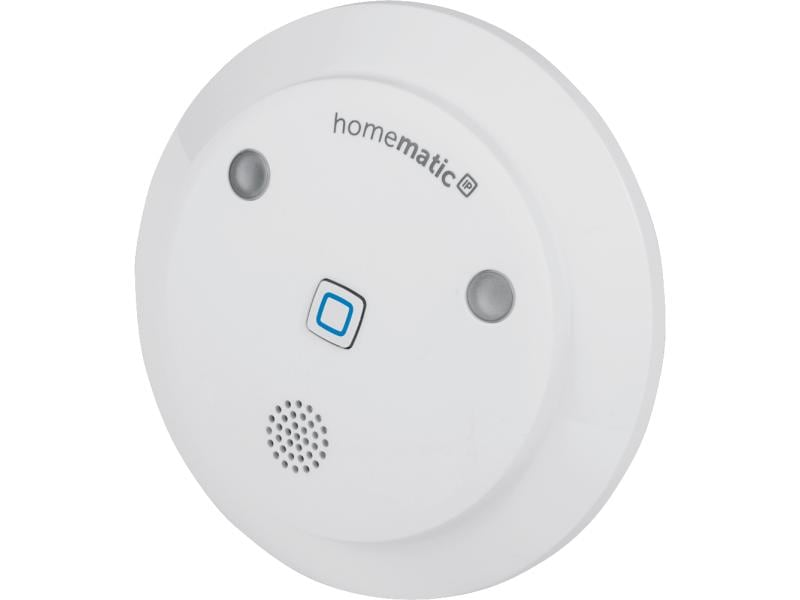 Un détecteur de fumée rond blanc Homematic IP avec bouton bleu central et haut-parleur.