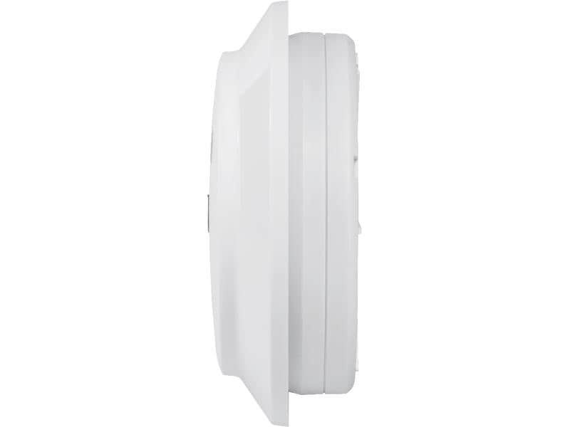 Vue de profil d'un appareil en plastique blanc rond sur fond blanc.