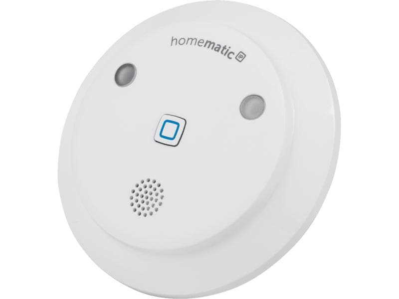 Un détecteur de fumée rond blanc Homematic IP avec bouton bleu central, grille de haut-parleur et capteurs.