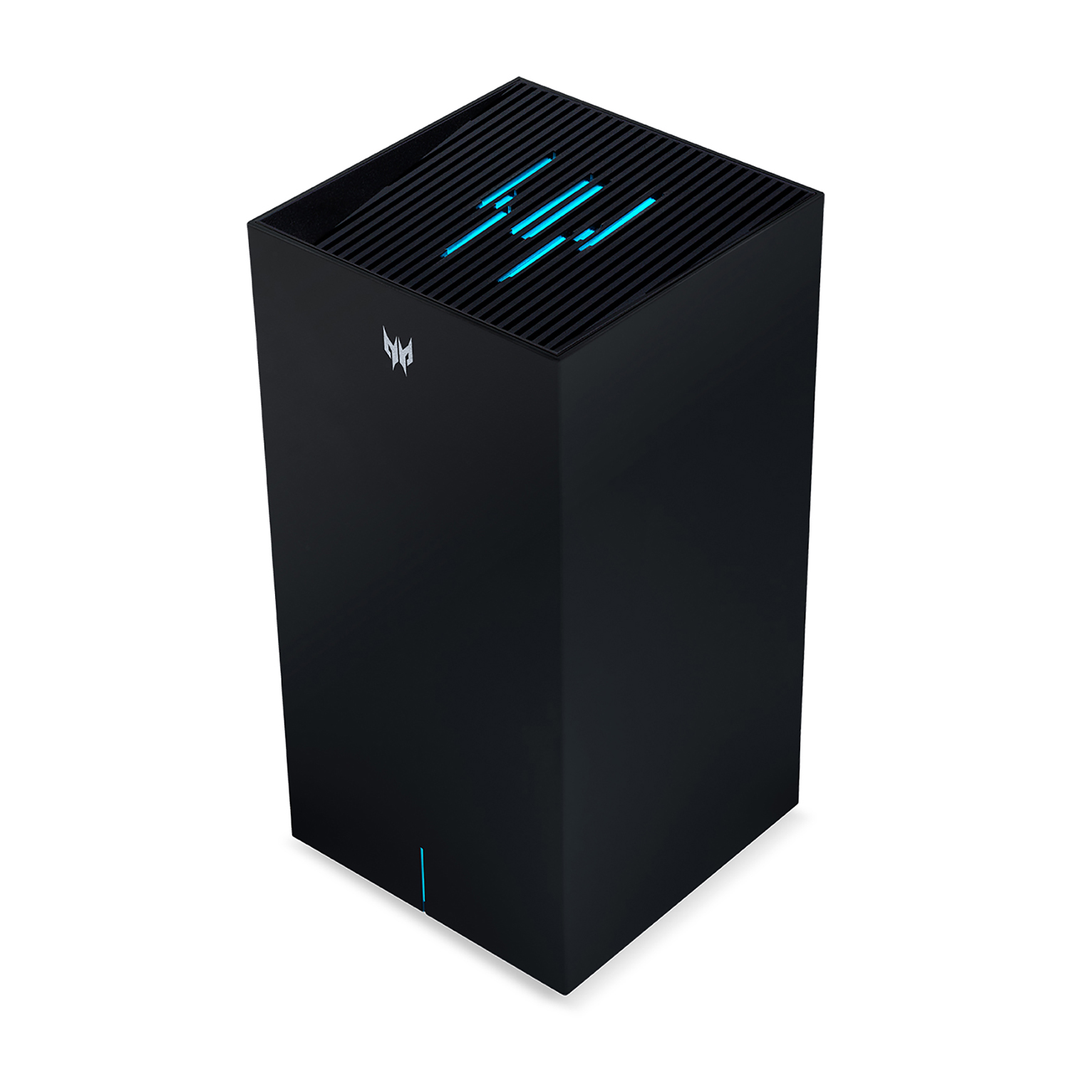 Una torre per PC da gioco Predator nera con luci blu sulla parte superiore.