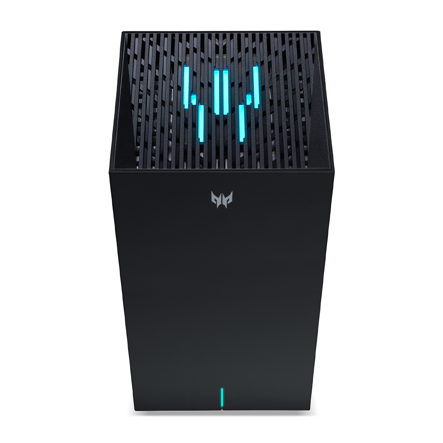 Case per computer nero con accenti di luce blu. La parte anteriore presenta un logo e una striscia di luce verticale.