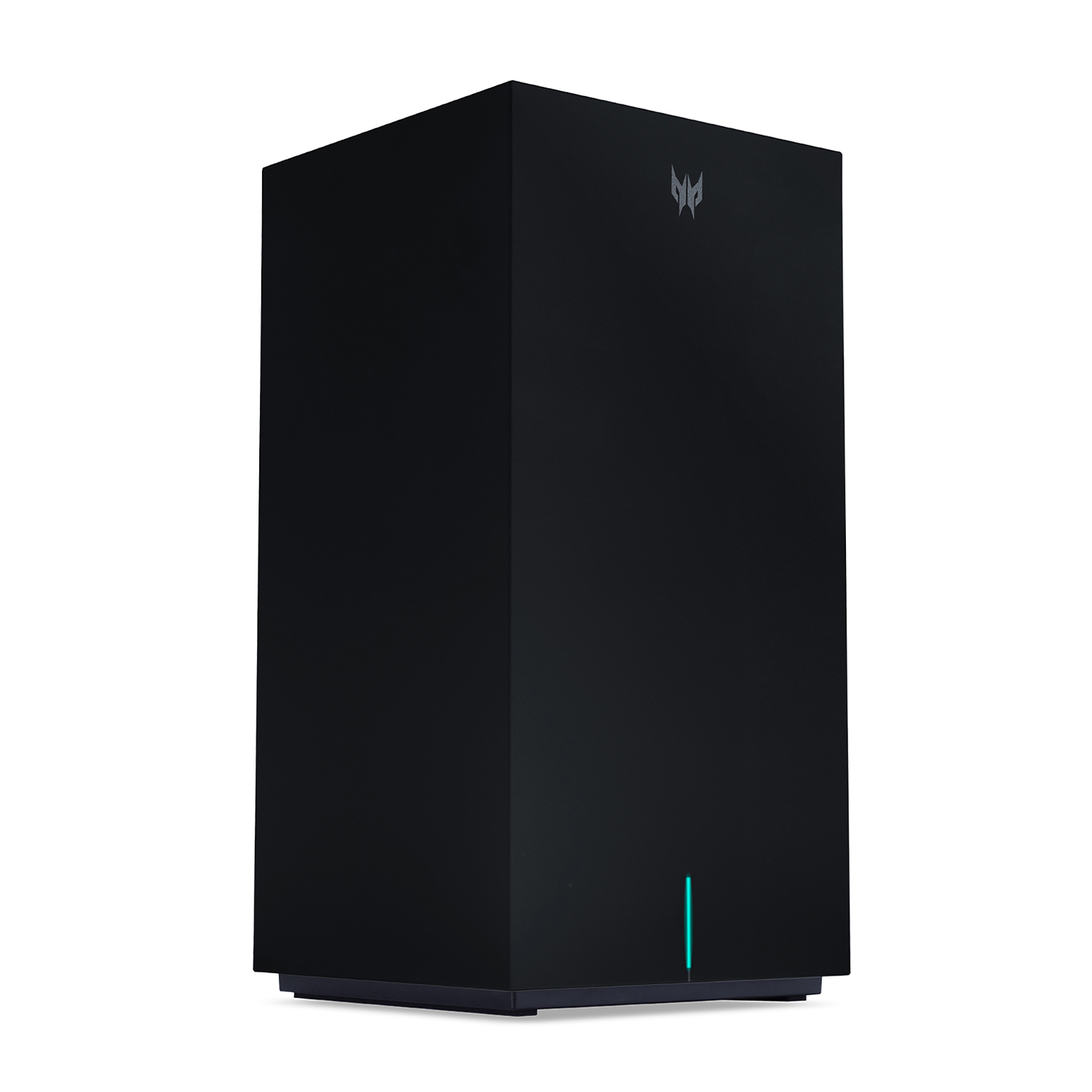 Torre del computer nera con logo e luce verde alla base.