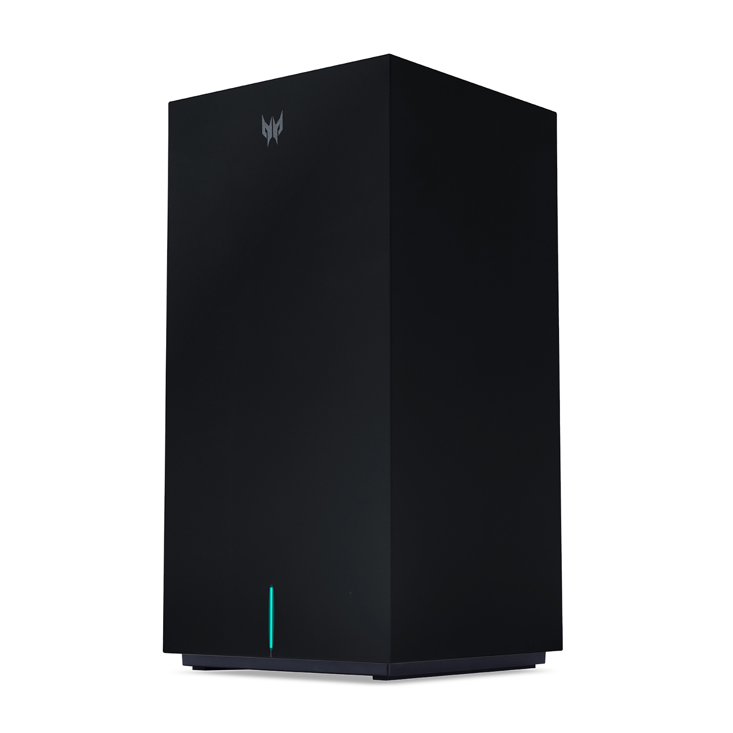 Torre del computer rettangolare nera con logo e luce verde.