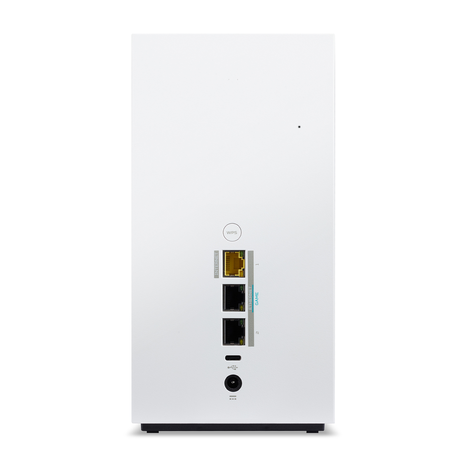 Router bianco con porte e spie. Include connessioni Ethernet e di alimentazione.