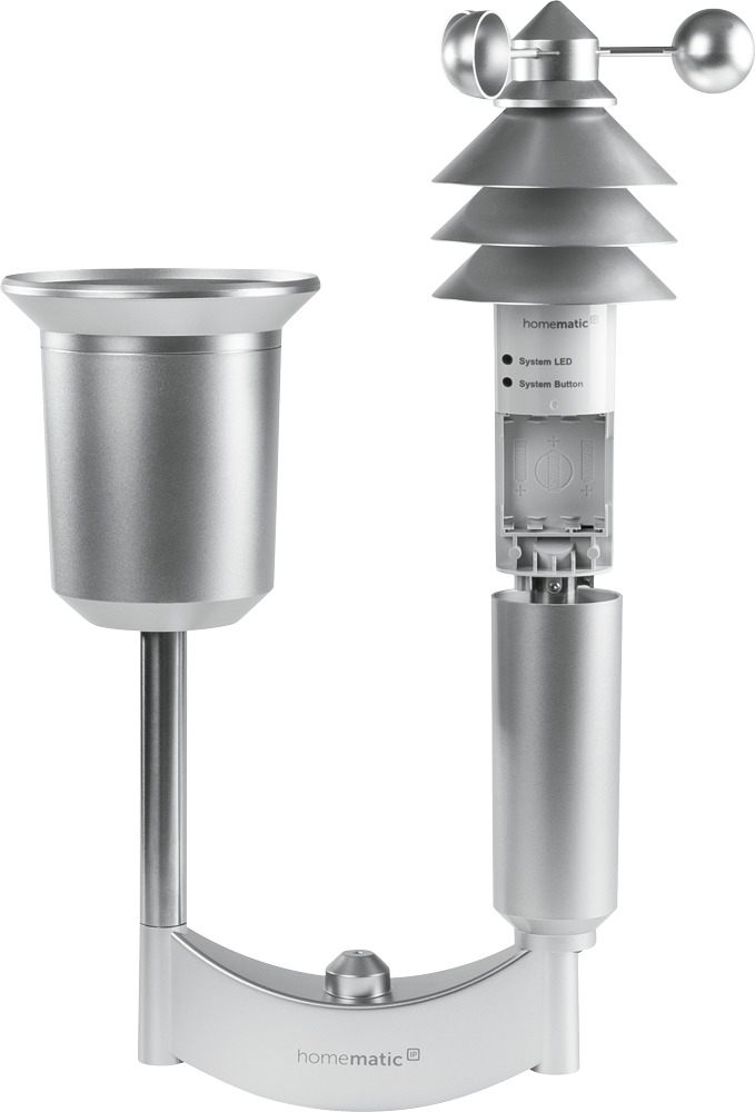 Eine graue Homematic IP Wetterstation mit Regensensor links und Windmesser rechts auf weißem Hintergrund.