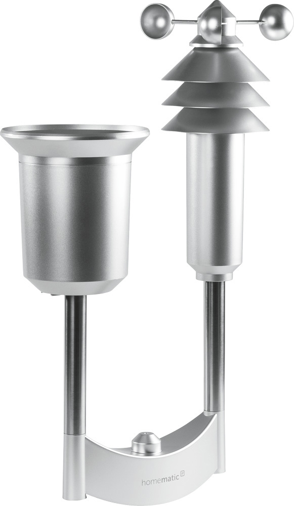Silberne Homematic Wetterstation mit Regensensor und Windmesser auf einem Ständer.