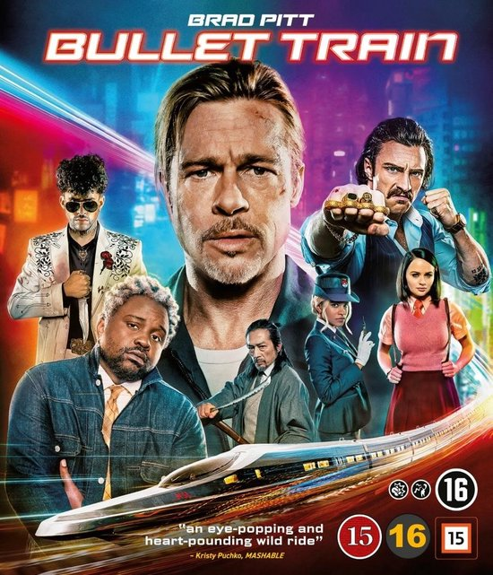 Filmposter voor Bullet Train. Brad Pitt en andere acteurs zijn te zien.