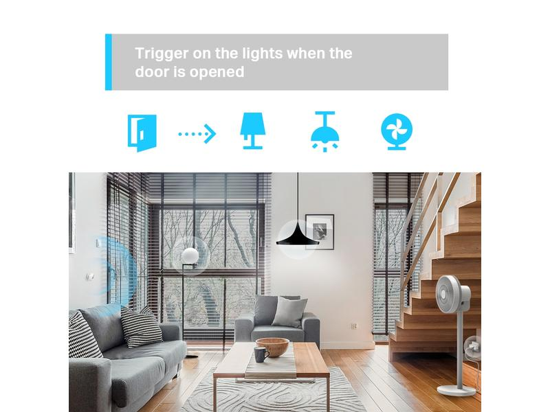Wohnzimmer mit Tür- und Lichtsymbolen, die Smart-Home-Funktionen anzeigen.