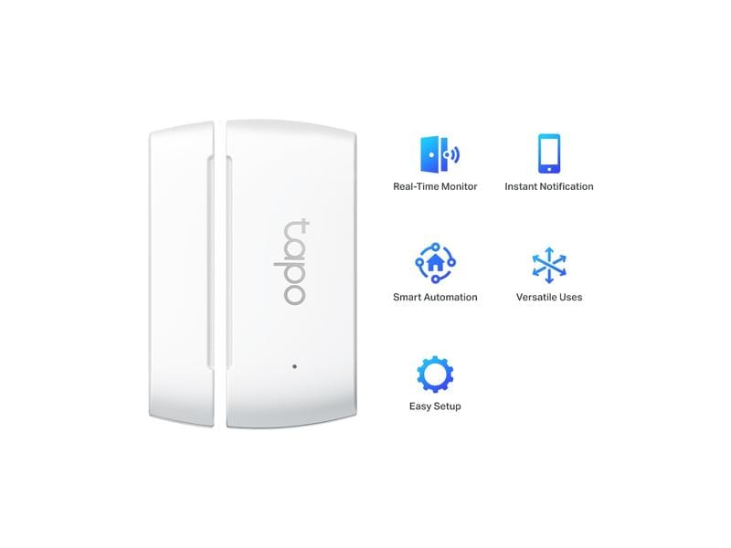 Weißer Smart-Home-Sensor. Eigenschaften: Echtzeitüberwachung, Sofortbenachrichtigung, Smart-Automation, vielseitige Anwendungen, einfache Einrichtung.