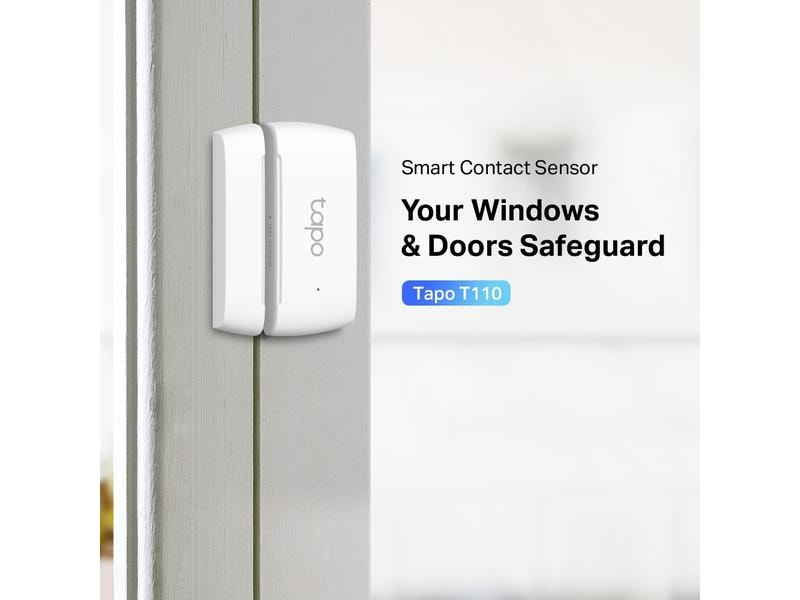 Weißer Smart-Kontaktsensor an einem Türrahmen. Text: 'Ihre Fenster & Türen schützen'.