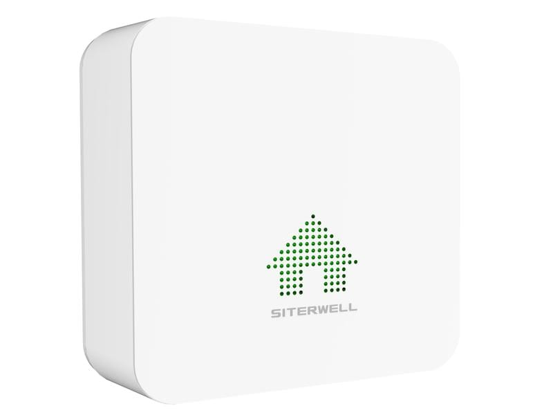Ein weißes, quadratisches Siterwell-Gerät mit abgerundeten Ecken und einem grünen Haus-Symbol aus Punkten vorne.