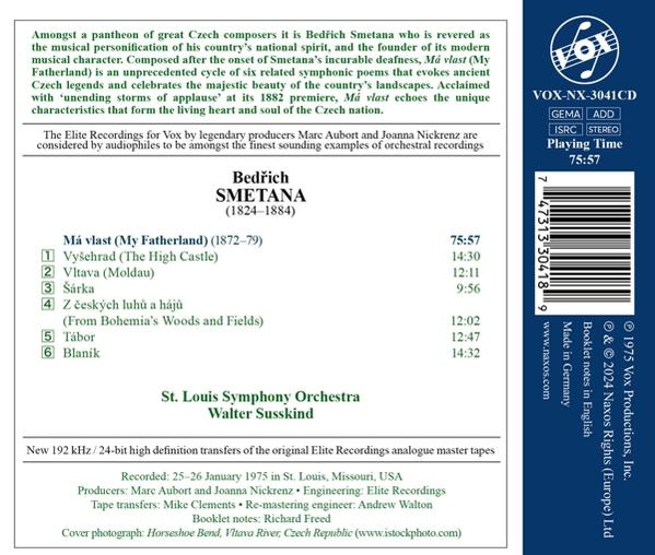 Rückseite einer CD-Hülle mit Text über Bedřich Smetana und seine Arbeit, mit Barcode.