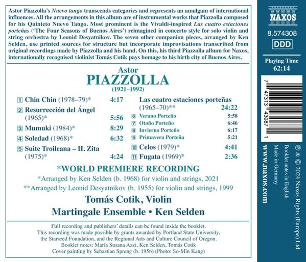 Rückseite einer CD mit Text über Astor Piazzollas Musik und einer Titelliste.