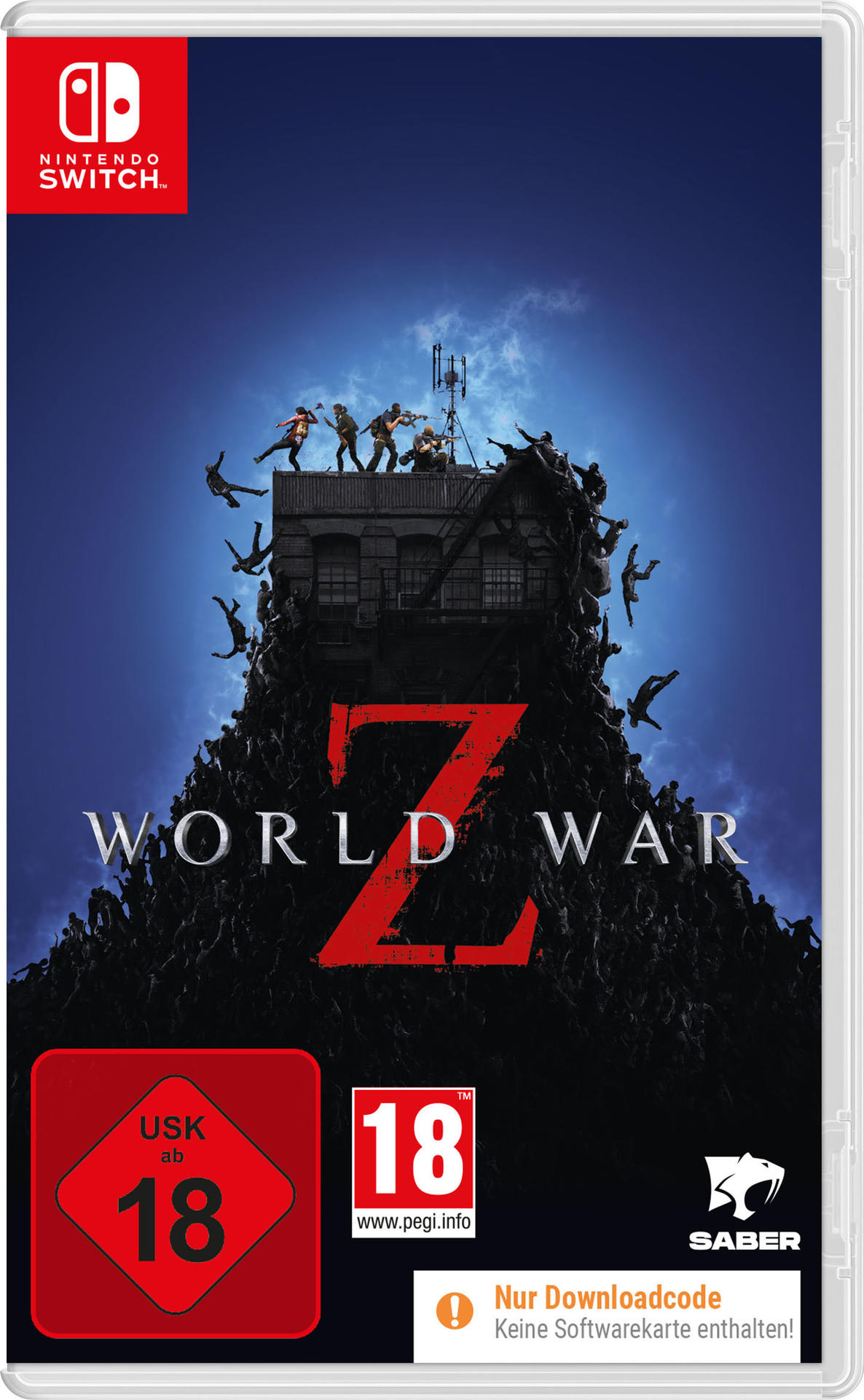 World War Z Spielbox für Nintendo Switch. Zeigt eine Gruppe von Leuten auf einem Dach und Zombies.