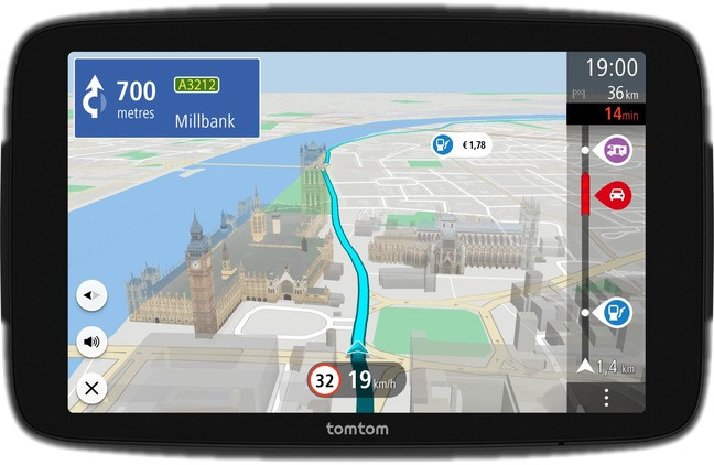 TomTom GPS met een kaart met Londense bezienswaardigheden, waaronder de Big Ben en de London Eye.