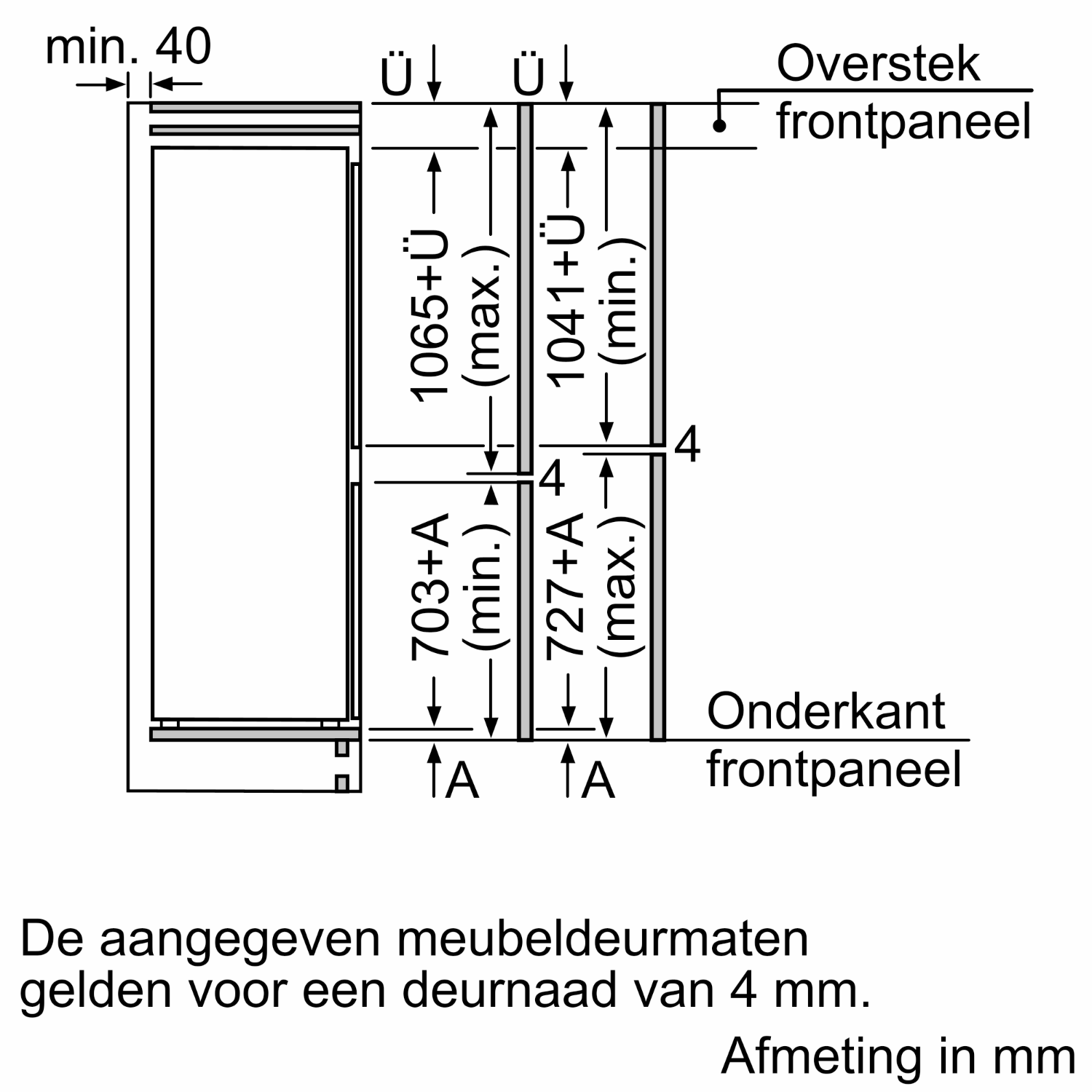 Diagram showing cabinet dimensions with measurements in millimeters. Includes dimensions for door and panel.